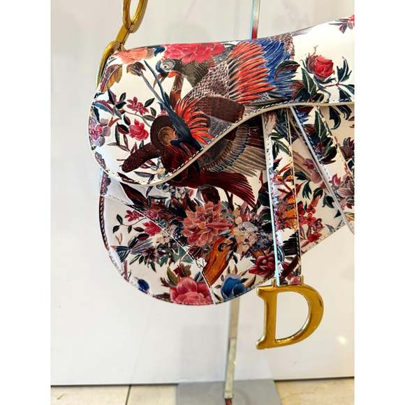 Dior Rare Floral and Bird Print Leather Saddle Bag Gold - Picture 2 of 9